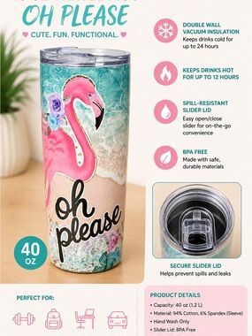 Hand Crafted Pink Flamingo Beach Vibes Stainless Tumbler NEW IN BOX WITH STRAW